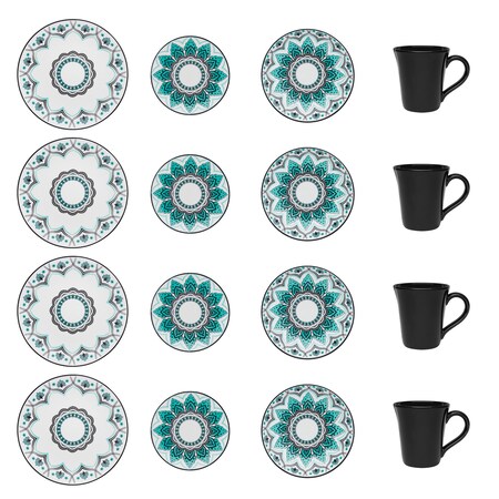 Manhattan Comfort Coup 16-Piece Microwave and Oven Safe Dinnerware Set with Floral Patterns, Service for 4, Blue/Black